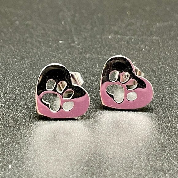 Pawprint and Heart Stainless Steel Stud Small Earrings #1240 - Picture 10 of 10